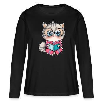 Katze Lesen Bücher Buch - Frauen Premium Bio Langarmshirt - Schwarz - Vorne - Julia (174cm)