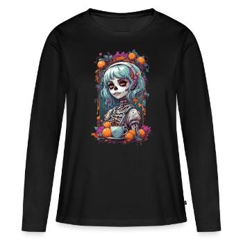 Goth e-Girl Skull Dia de Muertos Kaffee Design - Frauen Premium Bio Langarmshirt - Schwarz - Vorne - Julia (174cm)