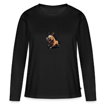 Achtung Der Hufschmied kommt Lustiger Pferdespruch - Frauen Premium Bio Langarmshirt - Schwarz - Vorne - Julia (174cm)