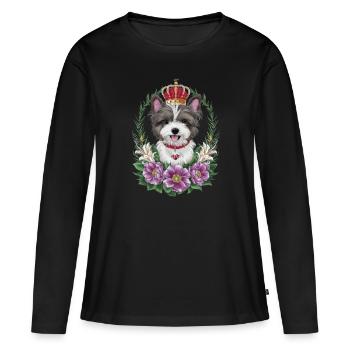 Chien lion mignon avec des fleurs et une couronne - T-shirt manches longues Premium bio Femme - noir - Devant - Julia (174cm)