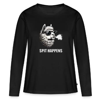 Crachat Happens : lama, alpaga, lamas, propriétaire d’alpaga - T-shirt manches longues Premium bio Femme - noir - Devant - Julia (174cm)