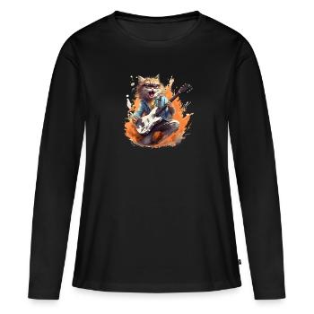Singender Gitarrenspielender Kater - Frauen Premium Bio Langarmshirt - Schwarz - Vorne - Julia (174cm)