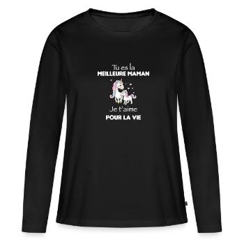 Maman licorne coeur rose - T-shirt manches longues Premium bio Femme - noir - Devant - Julia (174cm)