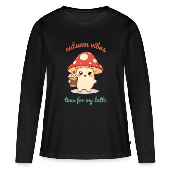 Herbstlicher Pilz Pumpkin Spiced Latte Kawaii - Frauen Premium Bio Langarmshirt - Schwarz - Vorne - Julia (174cm)
