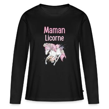 Maman Licorne Pastel Florale - T-shirt manches longues Premium bio Femme - noir - Devant - Julia (174cm)