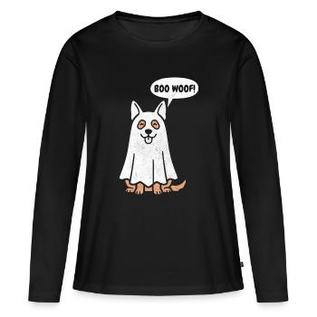 Berger allemand Boo Woof - Chien drôle d’Halloween - T-shirt manches longues Premium bio Femme - noir - Devant - Julia (174cm)