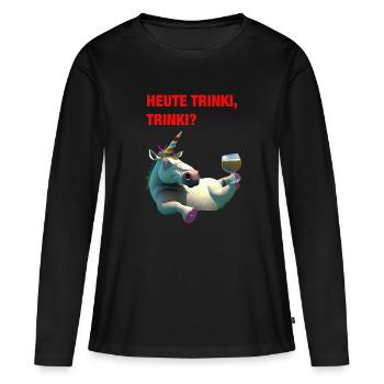 Betrunkenes Einhorn auf dem Rücken „HEUTE TRINKI?“ - Frauen Premium Bio Langarmshirt - Schwarz - Vorne - Julia (174cm)