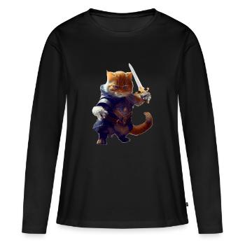 Chevalier chat combattant avec épée et bravoure - T-shirt manches longues Premium bio Femme - noir - Devant - Julia (174cm)