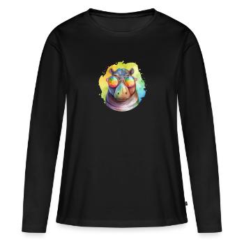 Buntes cooles Nilpferd mit Sonnenbrille - Frauen Premium Bio Langarmshirt - Schwarz - Vorne - Julia (174cm)