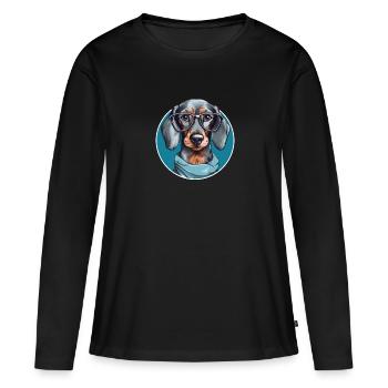 Cooler Dackel mit Brille und Halstuch Hund - Frauen Premium Bio Langarmshirt - Schwarz - Vorne - Julia (174cm)