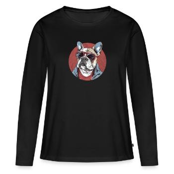 Lustige Französische Bulldogge Hund mit Brille - Frauen Premium Bio Langarmshirt - Schwarz - Vorne - Julia (174cm)
