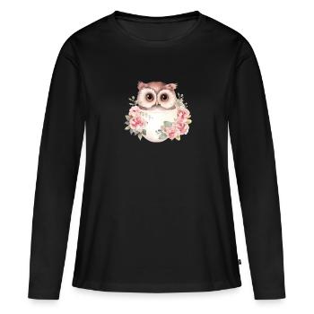 Joli hibou avec des roses dans une tasse - T-shirt manches longues Premium bio Femme - noir - Devant - Julia (174cm)