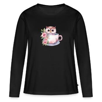 Cute pink owl with flowers in a cup - Women's Premium Organic Long Sleeve Shirt - black - Front - Julia (174cm)