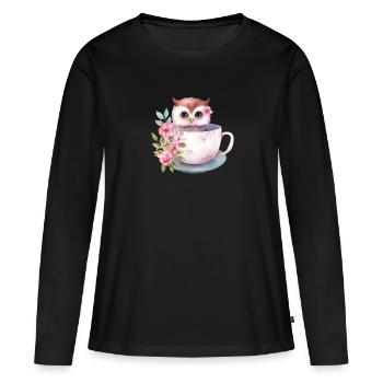 Cute pink baby owl with flowers in a cup - Women's Premium Organic Long Sleeve Shirt - black - Front - Julia (174cm)