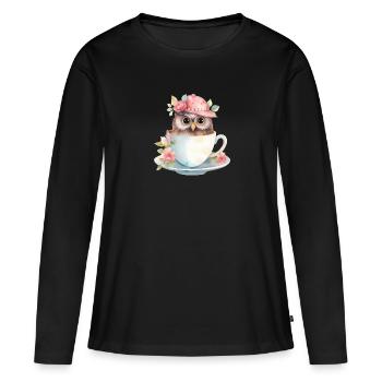 Hibou mignon avec chapeau et fleurs dans une tasse - T-shirt manches longues Premium bio Femme - noir - Devant - Julia (174cm)