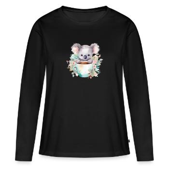 Niedlicher Koala mit Blumen in einer Tasse - Frauen Premium Bio Langarmshirt - Schwarz - Vorne - Julia (174cm)