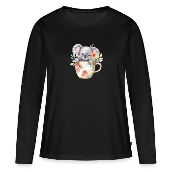 Niedlicher Koala mit Blumen in Kaffee-Tasse - Frauen Premium Bio Langarmshirt - Schwarz - Vorne - Julia (174cm)