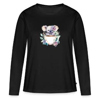 Niedlicher Koala mit Blumen in einer Tasse - Frauen Premium Bio Langarmshirt - Schwarz - Vorne - Julia (174cm)