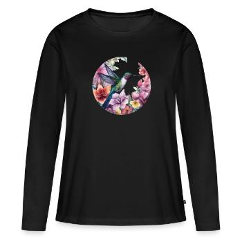 Exotic hummingbird bird with floral pattern flowers - Women's Premium Organic Long Sleeve Shirt - black - Front - Julia (174cm)
