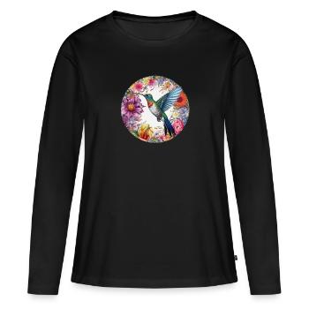 Exotic bird hummingbird with floral pattern flowers - Women's Premium Organic Long Sleeve Shirt - black - Front - Julia (174cm)