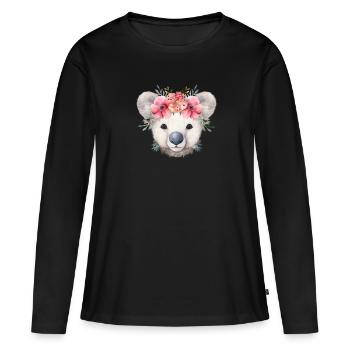 Niedlicher & süßer Koala mit Blumen auf dem Kopf - Frauen Premium Bio Langarmshirt - Schwarz - Vorne - Julia (174cm)