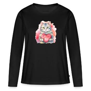 Niedliche & süße Katze mit Herz Liebe - Frauen Premium Bio Langarmshirt - Schwarz - Vorne - Julia (174cm)
