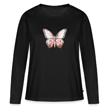 Papillon rose exotique tropical - T-shirt manches longues Premium bio Femme - noir - Devant - Julia (174cm)