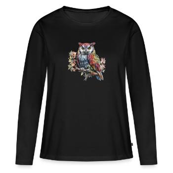Magische Eule auf Ast Aquarell Bunt Tier Vogel - Frauen Premium Bio Langarmshirt - Schwarz - Vorne - Julia (174cm)