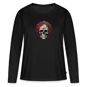 Gothic Totenkopf Mystisch Horror Skull Rote Blumen - Frauen Premium Bio Langarmshirt - Schwarz - Vorne - Julia (174cm)