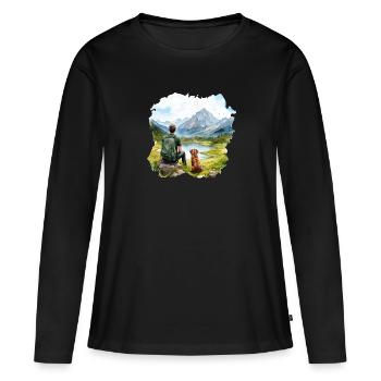 Man with Dog Hiking Outdoor Mountains Lake - Women's Premium Organic Long Sleeve Shirt - black - Front - Julia (174cm)