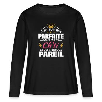 Pas parfaite mais je suis ch'ti - T-shirt manches longues Premium bio Femme - noir - Devant - Julia (174cm)