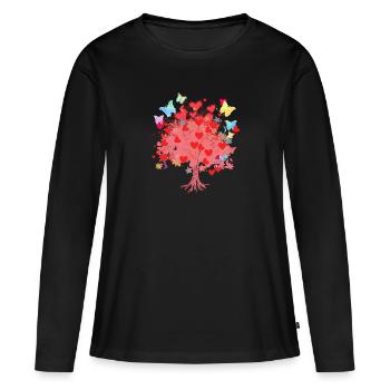 Arbre de Vie,Arbre de Vie,Cœurs,Papillons - T-shirt manches longues Premium bio Femme - noir - Devant - Julia (174cm)