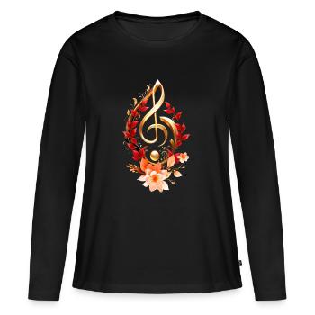 Clé de sol dorée avec des feuilles rouges. - T-shirt manches longues Premium bio Femme - noir - Devant - Julia (174cm)