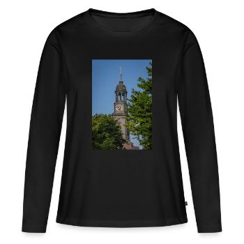 St. Michaelis Kirche zwischen zwei Bäumen - Frauen Premium Bio Langarmshirt - Schwarz - Vorne - Julia (174cm)
