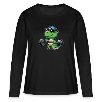 T-Rex Workout : Développé couché dinosaure pour - T-shirt manches longues Premium bio Femme - noir - Devant - Julia (174cm)