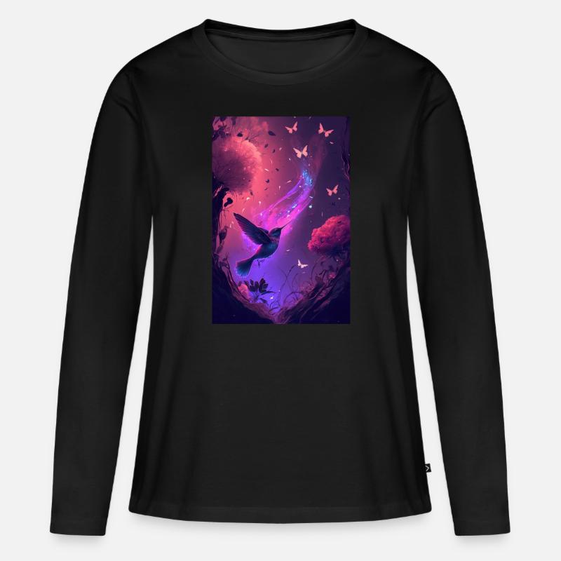 Vogel Schmetterling Blume Fantasy - Frauen Premium Bio Langarmshirt - Schwarz