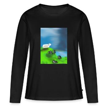 Schaf auf Felsen vor dem Wasser - Frauen Premium Bio Langarmshirt - Schwarz - Vorne - Julia (174cm)