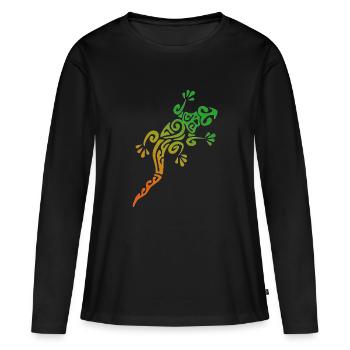 LÉZARD POLYNÉSIEN - collection tribale - T-shirt manches longues Premium bio Femme - noir - Devant - Julia (174cm)