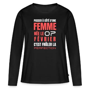 Février Éblouissant - Né le 7, Éclat Inoubliable - T-shirt manches longues Premium bio Femme - noir - Devant - Julia (174cm)