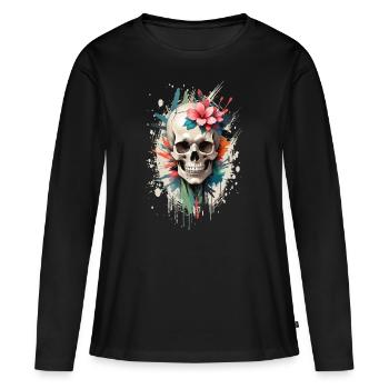 Frau Totenkopf mit Blumen, blumiger Totenkopf - Frauen Premium Bio Langarmshirt - Schwarz - Vorne - Julia (174cm)