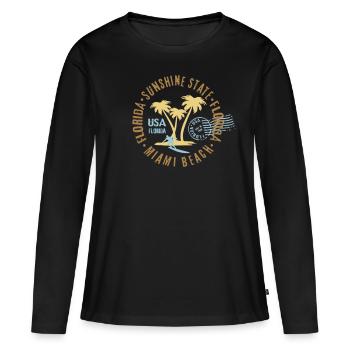 Miami Beach, Floride, palmiers, surf, timbre surfeur - T-shirt manches longues Premium bio Femme - noir - Devant - Julia (174cm)