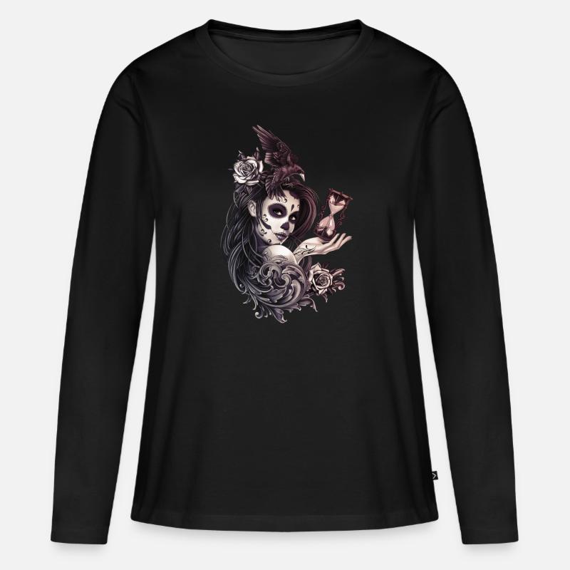 Tattoo Style Sugar Skull Mädchen mit Vogel - Frauen Premium Bio Langarmshirt - Schwarz