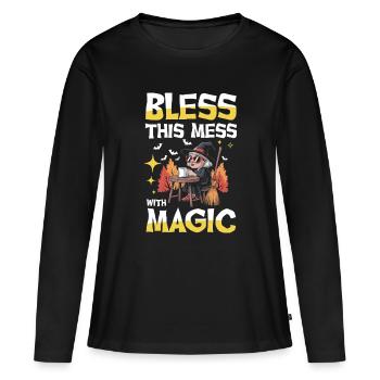  Bless This Mess With Magic Hexe Kaffee Besen - Frauen Premium Bio Langarmshirt - Schwarz - Vorne - Julia (174cm)