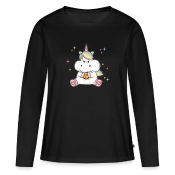 Dickes Einhorn ißt Pizza Lustig Adipositas Humor - Frauen Premium Bio Langarmshirt - Schwarz - Vorne - Julia (174cm)