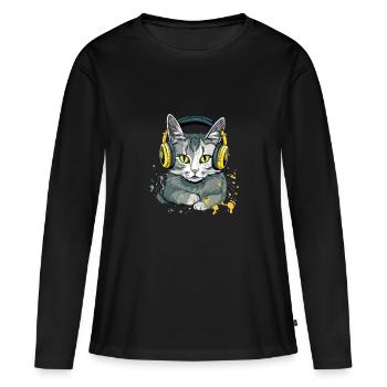 Jili le chat audiophile - T-shirt manches longues Premium bio Femme - noir - Devant - Julia (174cm)