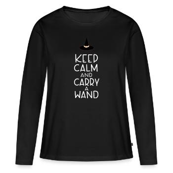 Keep Calm Carry A Wand - Frauen Premium Bio Langarmshirt - Schwarz - Vorne - Julia (174cm)