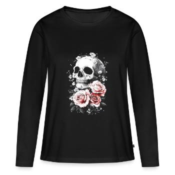 Crâne et os croisés avec des roses - T-shirt manches longues Premium bio Femme - noir - Devant - Julia (174cm)