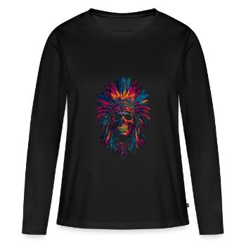 Coiffe en plumes indiennes tête de mort - T-shirt manches longues Premium bio Femme - noir - Devant - Julia (174cm)