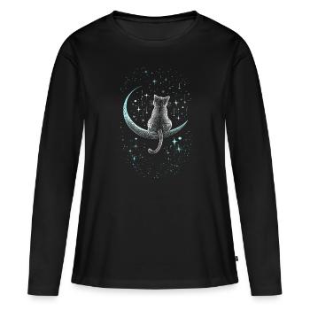 Chaton chat assis sur la lune sous les étoiles - T-shirt manches longues Premium bio Femme - noir - Devant - Julia (174cm)