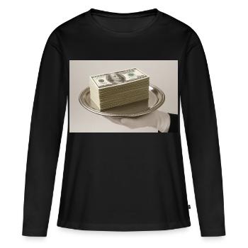 Stapel Geldscheine auf einem silbernen Tablett - Frauen Premium Bio Langarmshirt - Schwarz - Vorne - Julia (174cm)